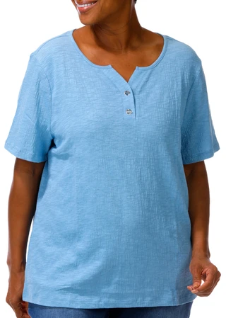 Thumbnail 1: Coral Bay Plus Short Sleeve Textured Henley Neck Top 