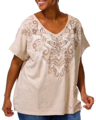 Thumbnail 1: Coral Bay Plush Short Sleeve Embellished Floral V-Neck Top 