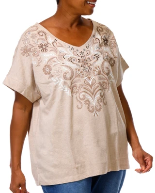 Thumbnail 4: Coral Bay Plush Short Sleeve Embellished Floral V-Neck Top 