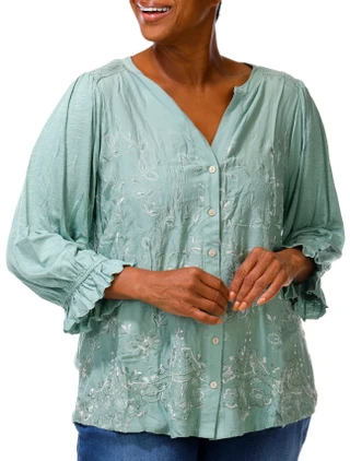 Thumbnail 3: Democracy Plus 3/4 Sleeve Floral Embroidered Button Down Top 