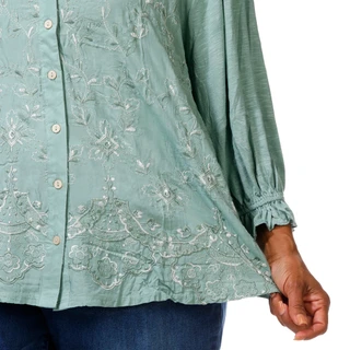 Thumbnail 6: Democracy Plus 3/4 Sleeve Floral Embroidered Button Down Top 