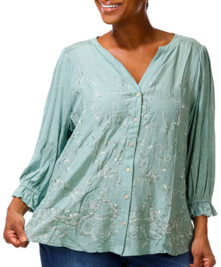Thumbnail 1: Democracy Plus 3/4 Sleeve Floral Embroidered Button Down Top 