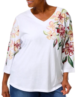 Thumbnail 1: Coral Bay Plus 3/4 Sleeve Floral Print V-Neck Top 