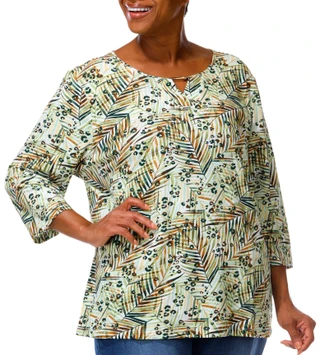 Thumbnail 2: Coral Bay Plus 3/4 Sleeve Leaf & Cheetah Print Keyhole Top 