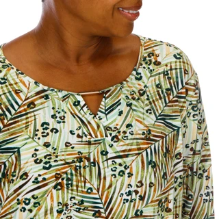 Thumbnail 3: Coral Bay Plus 3/4 Sleeve Leaf & Cheetah Print Keyhole Top 