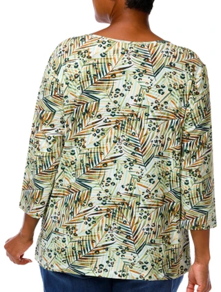 Thumbnail 4: Coral Bay Plus 3/4 Sleeve Leaf & Cheetah Print Keyhole Top 