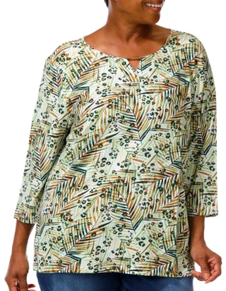 Thumbnail 1: Coral Bay Plus 3/4 Sleeve Leaf & Cheetah Print Keyhole Top 