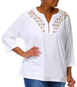 Thumbnail 2: Coral Bay Plus 3/4 Sleeve Decorative Stitch Split Neck Top 