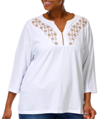 Thumbnail 1: Coral Bay Plus 3/4 Sleeve Decorative Stitch Split Neck Top 