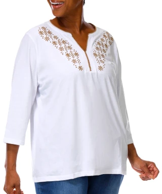 Thumbnail 4: Coral Bay Plus 3/4 Sleeve Decorative Stitch Split Neck Top 