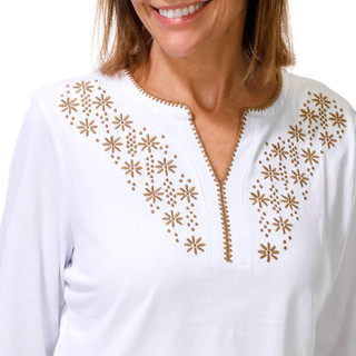 Thumbnail 2: Coral Bay Plus 3/4 Sleeve Decorative Stitch Split Neck Top 