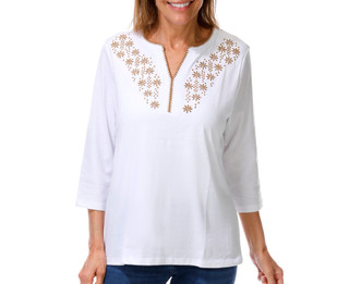 Thumbnail 1: Coral Bay Plus 3/4 Sleeve Decorative Stitch Split Neck Top 