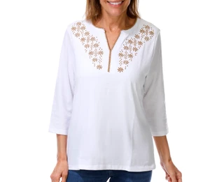 Thumbnail 1: Coral Bay Women's 3Q Sleeve Decorative Stitch Split Neck Top 