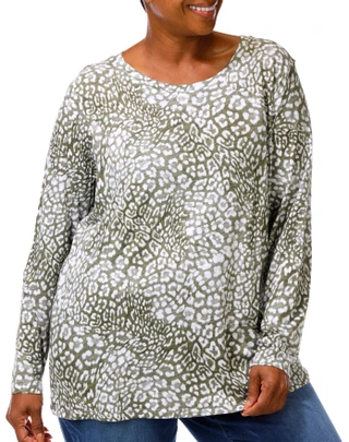 Thumbnail 1: Blue Sol Plus Long Sleeve Cheetah Print Scoop Neck Top 