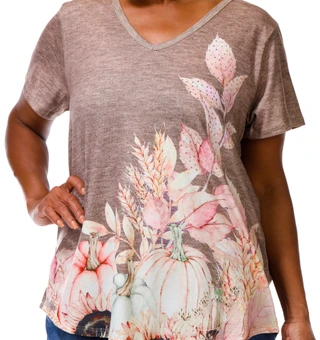 Thumbnail 4: ONE WORLD Plus Short Sleeve Harvest Pumpkins Print Top 