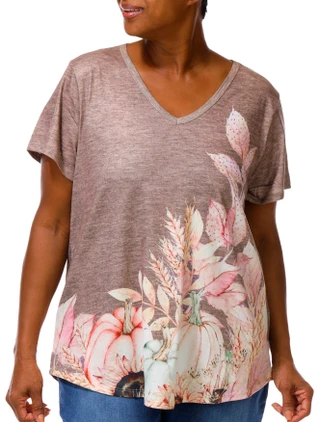 Thumbnail 5: ONE WORLD Plus Short Sleeve Harvest Pumpkins Print Top 