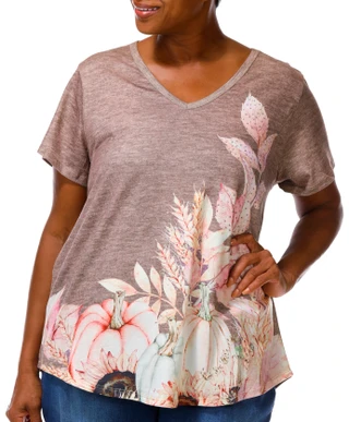 Thumbnail 6: ONE WORLD Plus Short Sleeve Harvest Pumpkins Print Top 