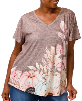Thumbnail 1: ONE WORLD Plus Short Sleeve Harvest Pumpkins Print Top 