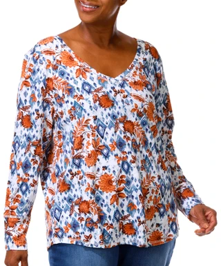 Thumbnail 2: Blue Sol Plus Long Sleeve Aztec Floral Print V-Neck Top  