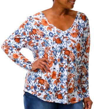 Thumbnail 3: Blue Sol Plus Long Sleeve Aztec Floral Print V-Neck Top  