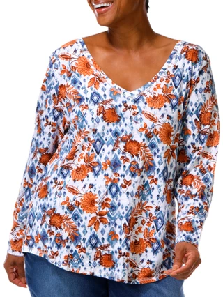 Thumbnail 1: Blue Sol Plus Long Sleeve Aztec Floral Print V-Neck Top  