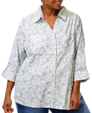 Thumbnail 1: Coral Bay Plus 3/4 Sleeve Polka Dot Button Down Top 
