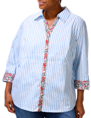 Thumbnail 4: Coral Bay Plus 3/4 Sleeve Stripe Floral Trim Button Down Top 