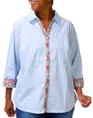 Thumbnail 1: Coral Bay Plus 3/4 Sleeve Stripe Floral Trim Button Down Top 