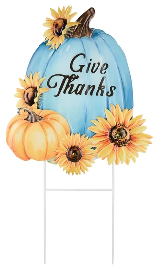 Thumbnail 1: Autumn Gatherings 32 in Harvest Give Thanks Sunflower & Pumpkin Yard Stake 