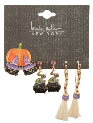 Thumbnail 1: Nicole Miller 3 Pr Cat, Cauldron & Broom Halloween Earrings Set 