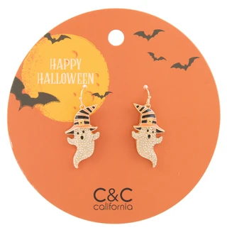 Thumbnail 1: C&C California Halloween Crystal Ghost in Hat Dangle Earrings 