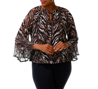 Thumbnail 5: Ava & Grace Women's Plus Bell Sleeve Tie Front Keyhole Blouse 