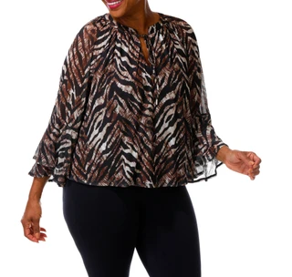 Thumbnail 1: Ava & Grace Women's Plus Bell Sleeve Tie Front Keyhole Blouse 