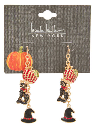 Thumbnail 1: Nicole Miller Halloween Pumpkin, Cat & Witch's Hat Dangle Earrings 