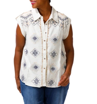 Thumbnail 1: La Reyna Women's Plus Short Sleeve Embroidered Collared Top 