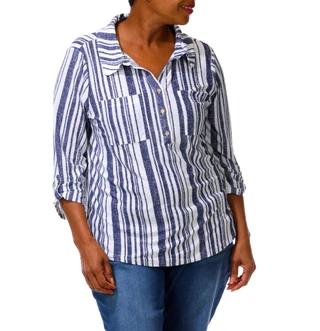 Thumbnail 3: Joie De Vivre Women's Plus 3/4 Sleeve Double Pocket Collared Top 