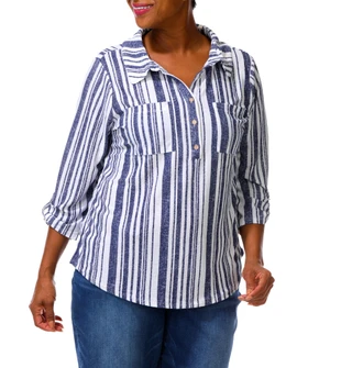 Thumbnail 1: Joie De Vivre Women's Plus 3/4 Sleeve Double Pocket Collared Top 