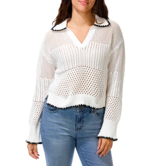 Thumbnail 1: No Comment Juniors Split Neck Open Knit Sweater 