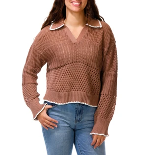 Thumbnail 1: No Comment Juniors Split Neck Open Knit Sweater 