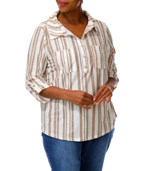 Thumbnail 4: Joie De Vivre Women's Plus 3/4 Sleeve Split Neck Collar Shirt 