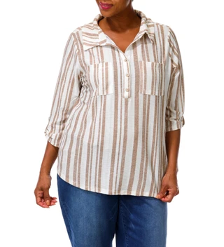 Thumbnail 1: Joie De Vivre Women's Plus 3/4 Sleeve Split Neck Collar Shirt 