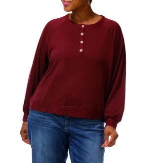 Thumbnail 4: BOBEAU Women's Plus Long Sleeve Lace Trim Top 