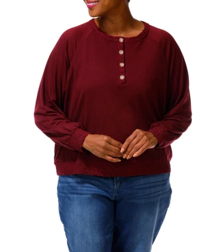 Thumbnail 1: BOBEAU Women's Plus Long Sleeve Lace Trim Top 