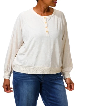 Thumbnail 3: BOBEAU Women's Plus Long Sleeve Lace Trim Top 