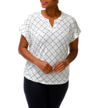 Thumbnail 2: Flower & Feather Women's Plus Short Sleeve Split Neck Top 