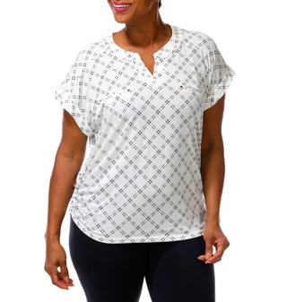 Thumbnail 1: Flower & Feather Women's Plus Short Sleeve Split Neck Top 