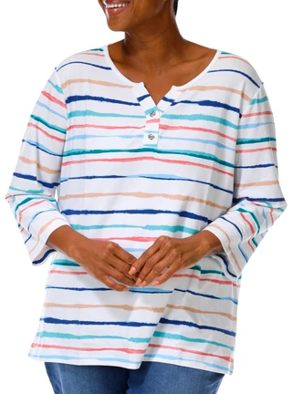 Thumbnail 1: Coral Bay Plus 3/4 Sleeve Striped Toggle Henley Top 