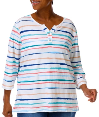 Thumbnail 4: Coral Bay Plus 3/4 Sleeve Striped Toggle Henley Top 