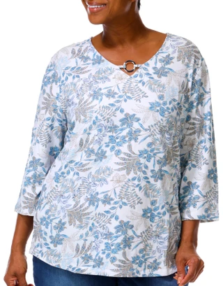 Thumbnail 1: Coral Bay Plus 3/4 Sleeve Floral V Neck Ring Top 