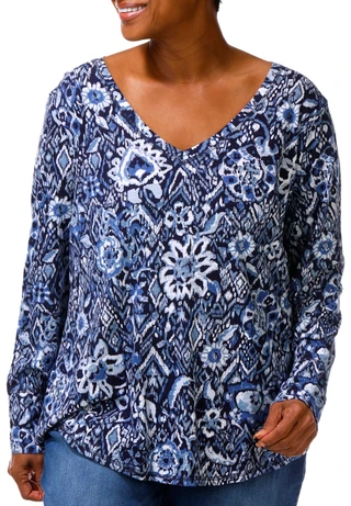 Thumbnail 1: Blue Sol Plus Long Sleeve Floral V Neck Top 